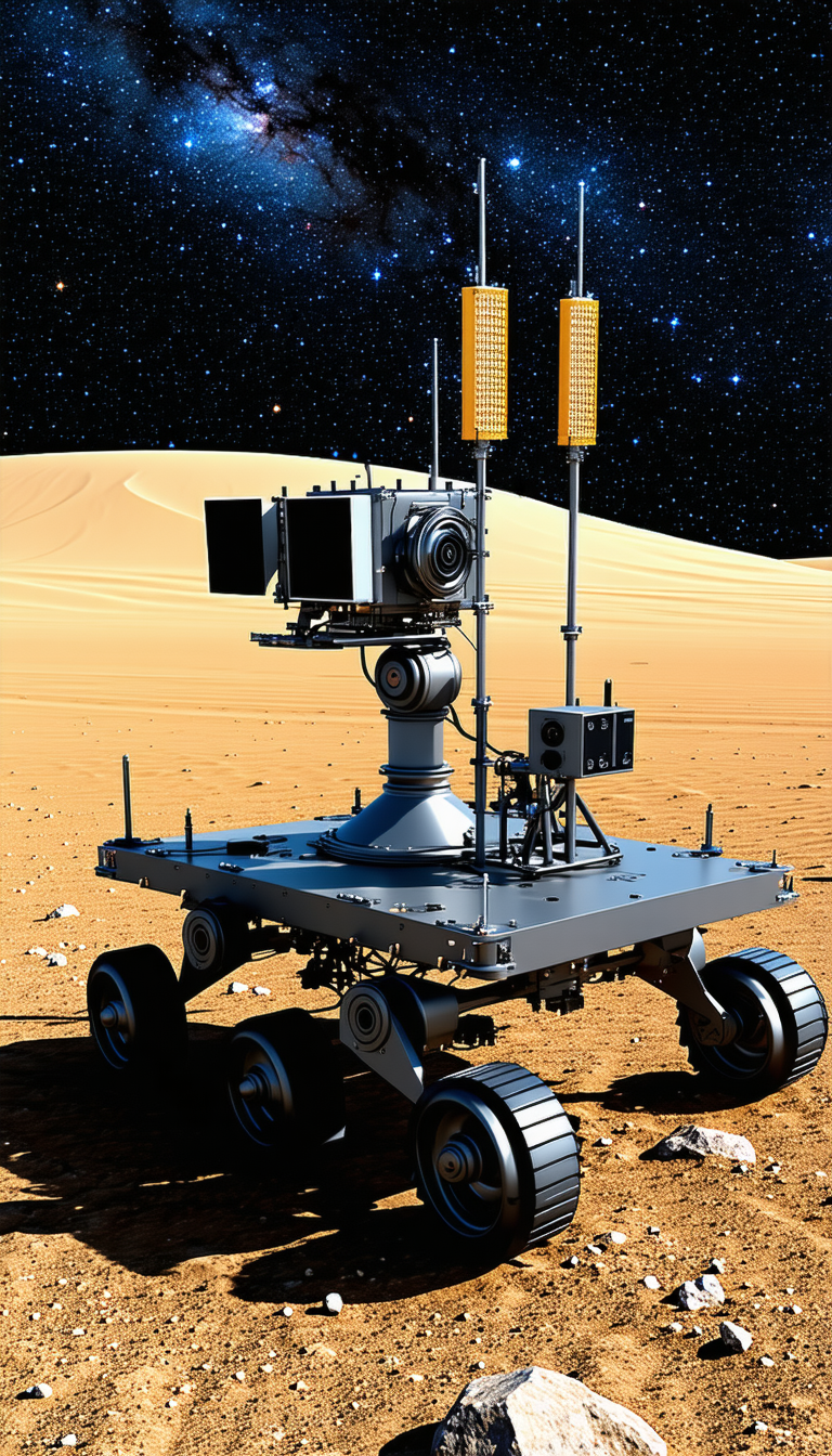 A Large Robotic Vehicle With A Camera On Its Front, Sitting On A Dirt Surface