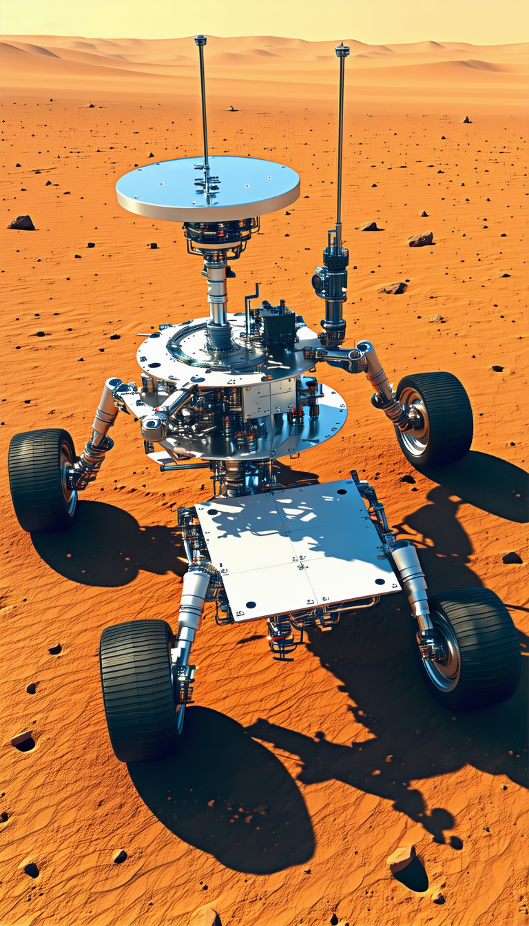 A Large Robotic Vehicle, Possibly A Rover, Sitting On A Red Dirt Surface