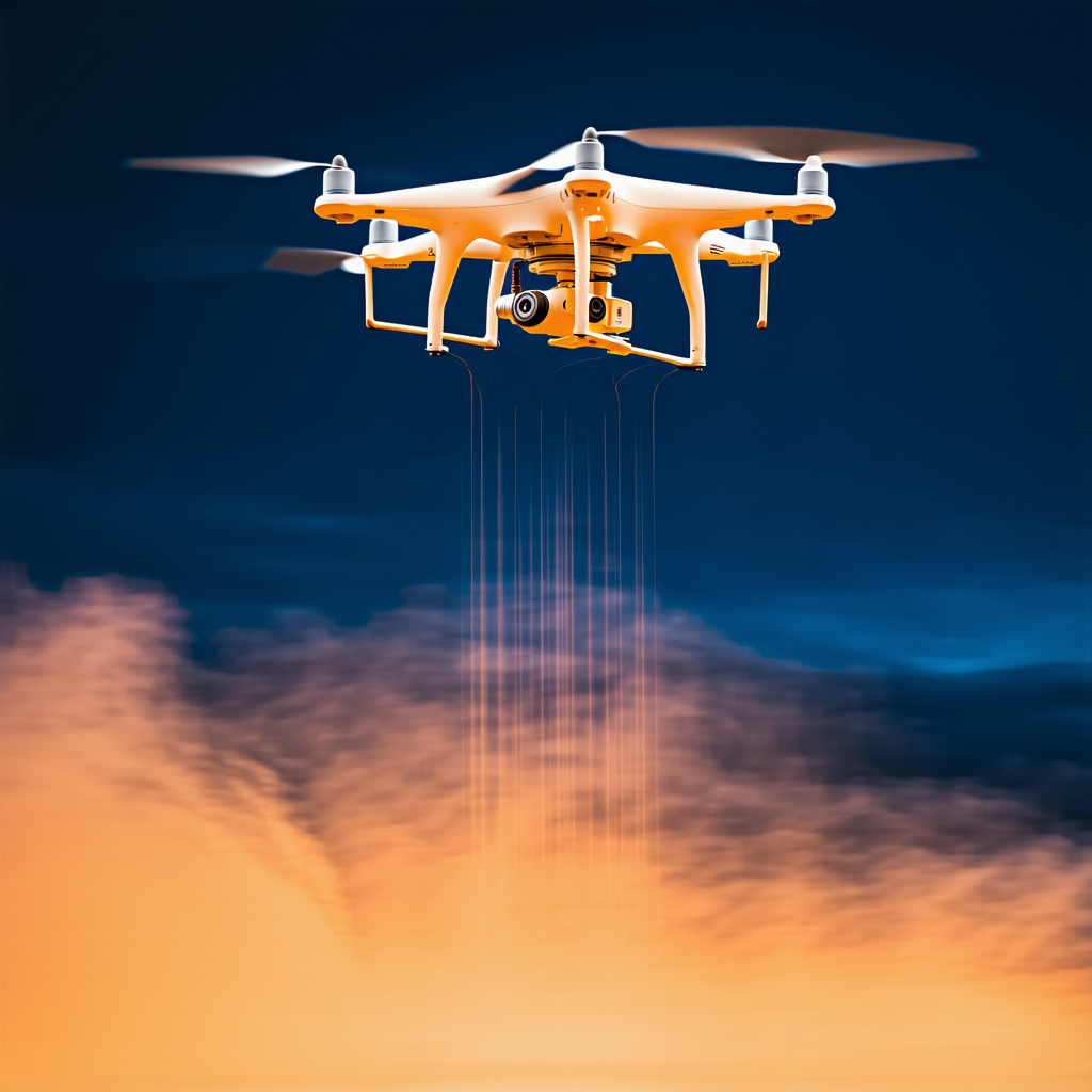 A Yellow Drone Is Flying Through The Sky, With A Cloudy Orange Background