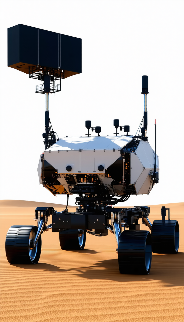 A Large White Robotic Vehicle With A Dome-shaped Top, Standing In A Desert-like Environment