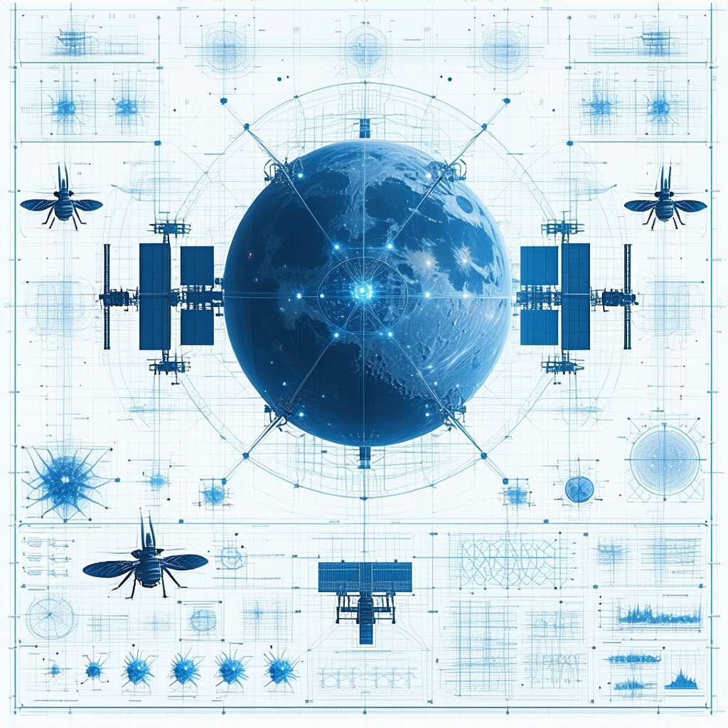 The Image Is A Blue And White Drawing Of A Space Station, With A Large Blue Globe In The Center