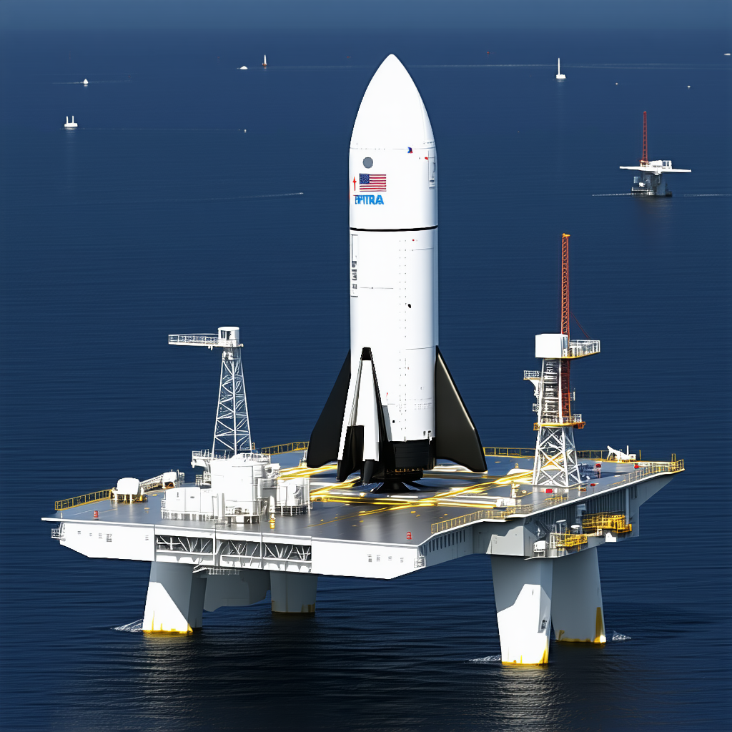 A Large White Space Shuttle Is Docked On A Floating Platform In The Ocean