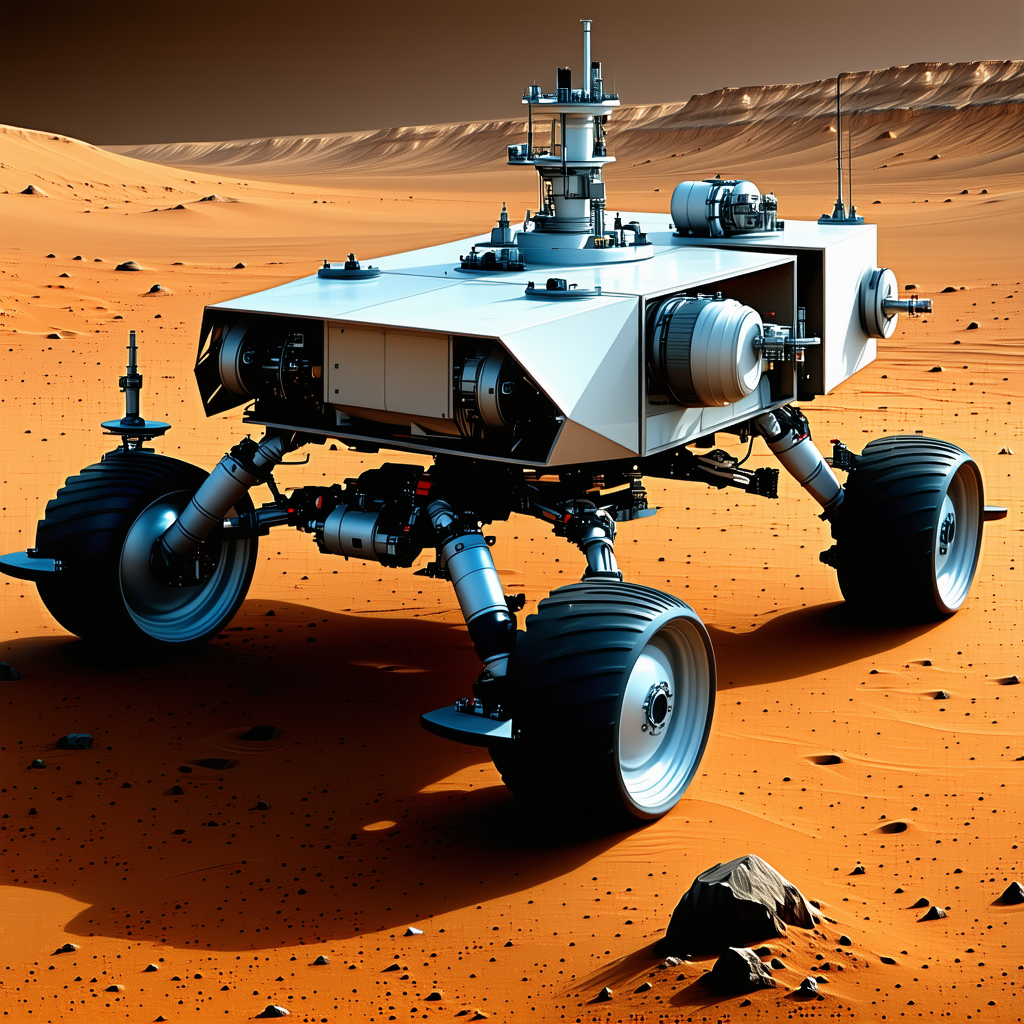 A Futuristic Vehicle, Possibly A Rover Or A Spacecraft, Parked On A Red Dirt Surface