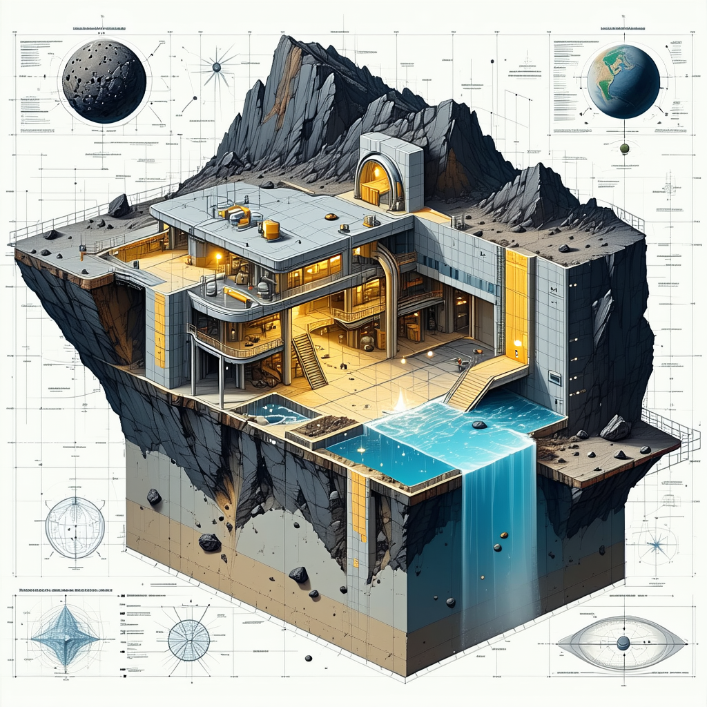 A Futuristic Building Is Depicted In A Drawing, With A Large Pool Of Water In The Center