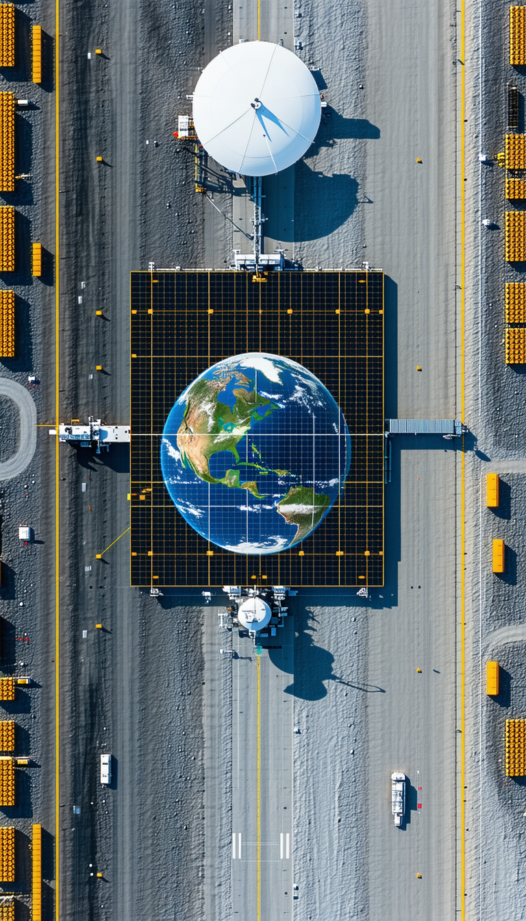 A Large, Round, Solar Panel Is Prominently Displayed In The Middle Of A Parking Lot