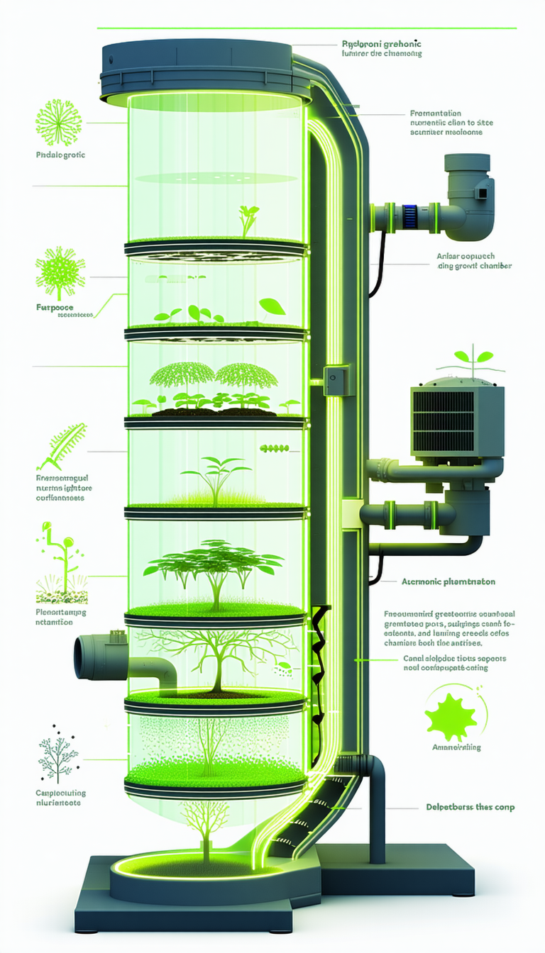 The Image Is A White And Green Poster That Features A Large, Multi-tiered Plant Growing System