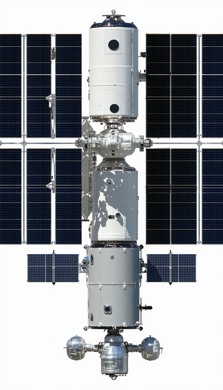 A Large Spacecraft With A White And Blue Color Scheme