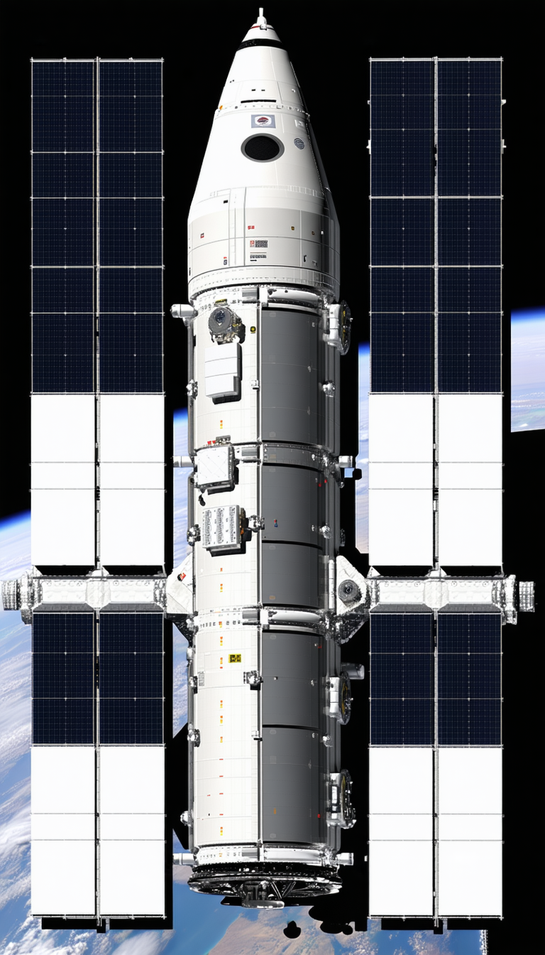 A Large Spacecraft With A White And Gray Color Scheme