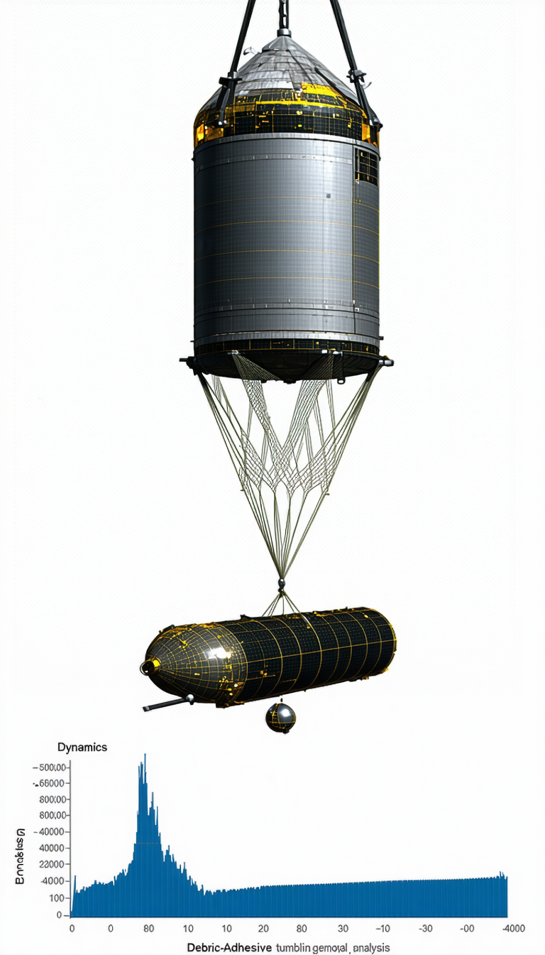 large, silver, cylindrical spacecraft suspended