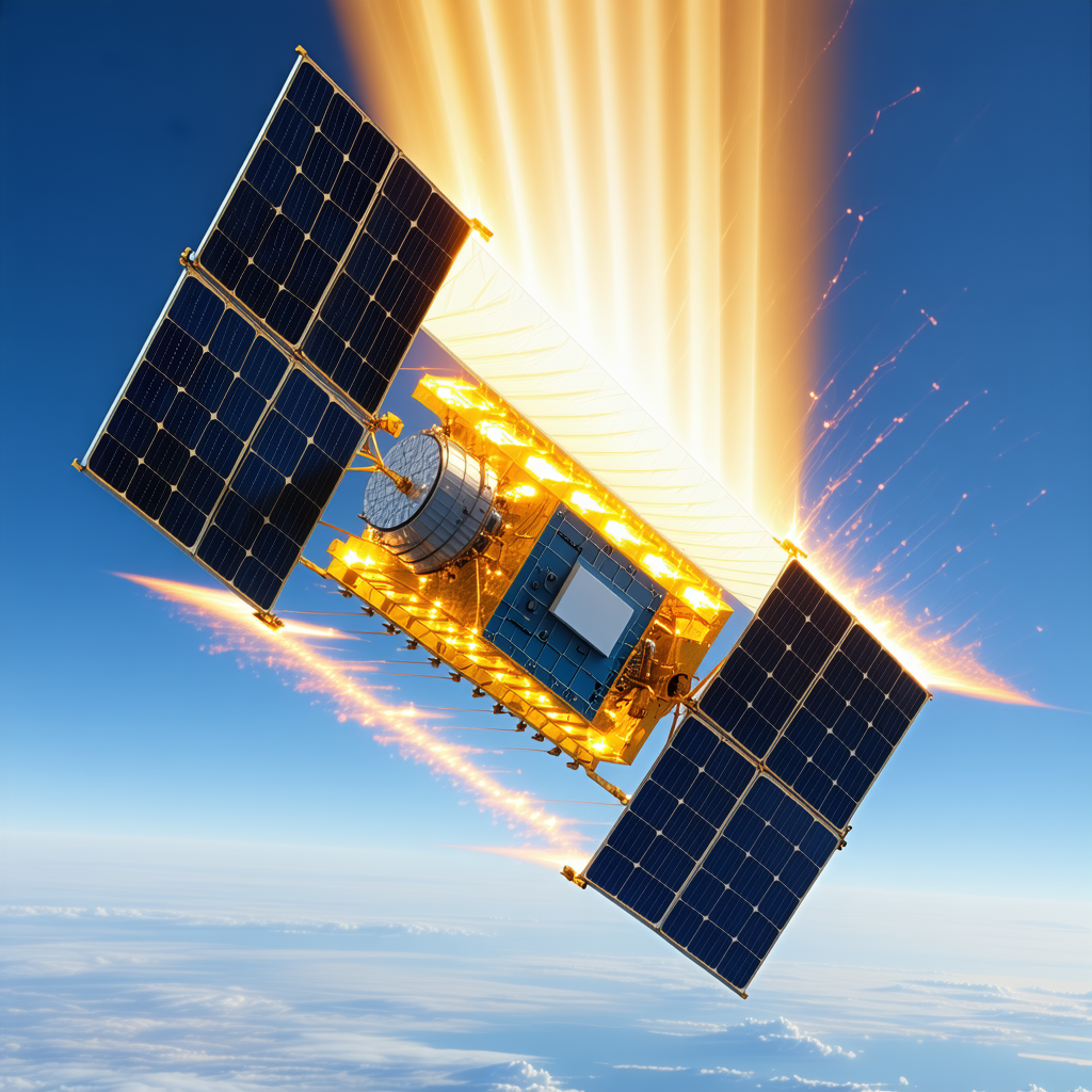 A Spacecraft Flying Through The Sky, With A Bright Light Emanating From It
