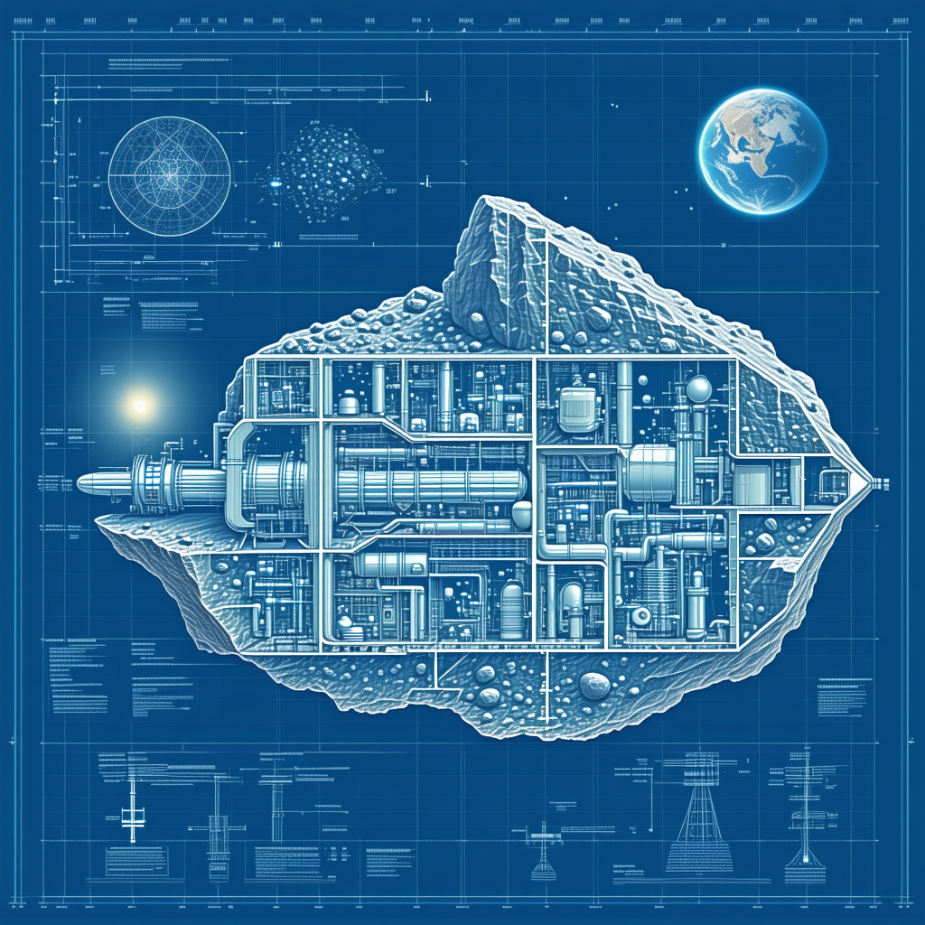 The Image Is A Blueprint Of A Space Station, Featuring A Large Rock In The Center