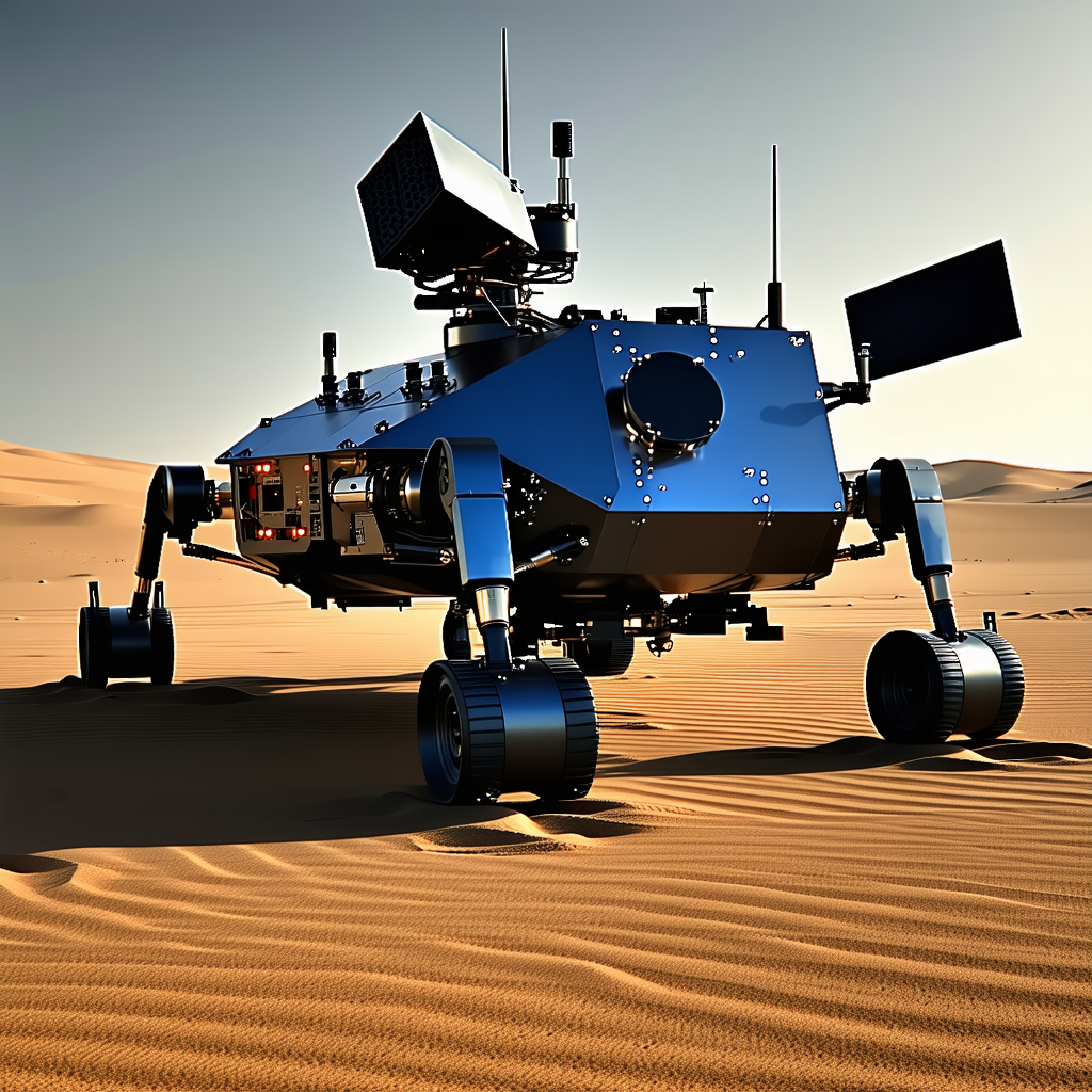A Large Blue Robot Is Sitting In The Sand, With Its Back Facing The Camera