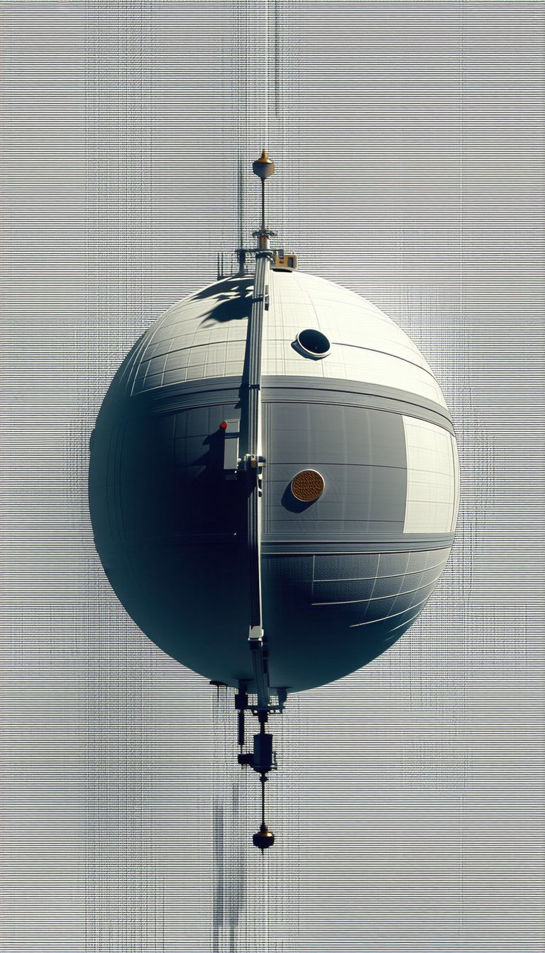A Large White Sphere Is Suspended In The Air, With A Metal Structure Attached To It