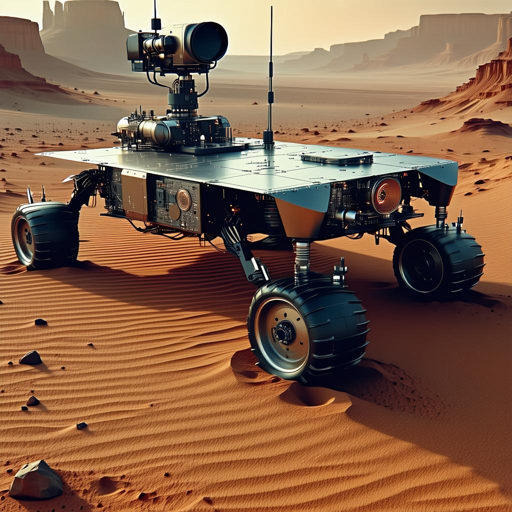 A Large Robotic Vehicle Is Sitting In A Desert Landscape