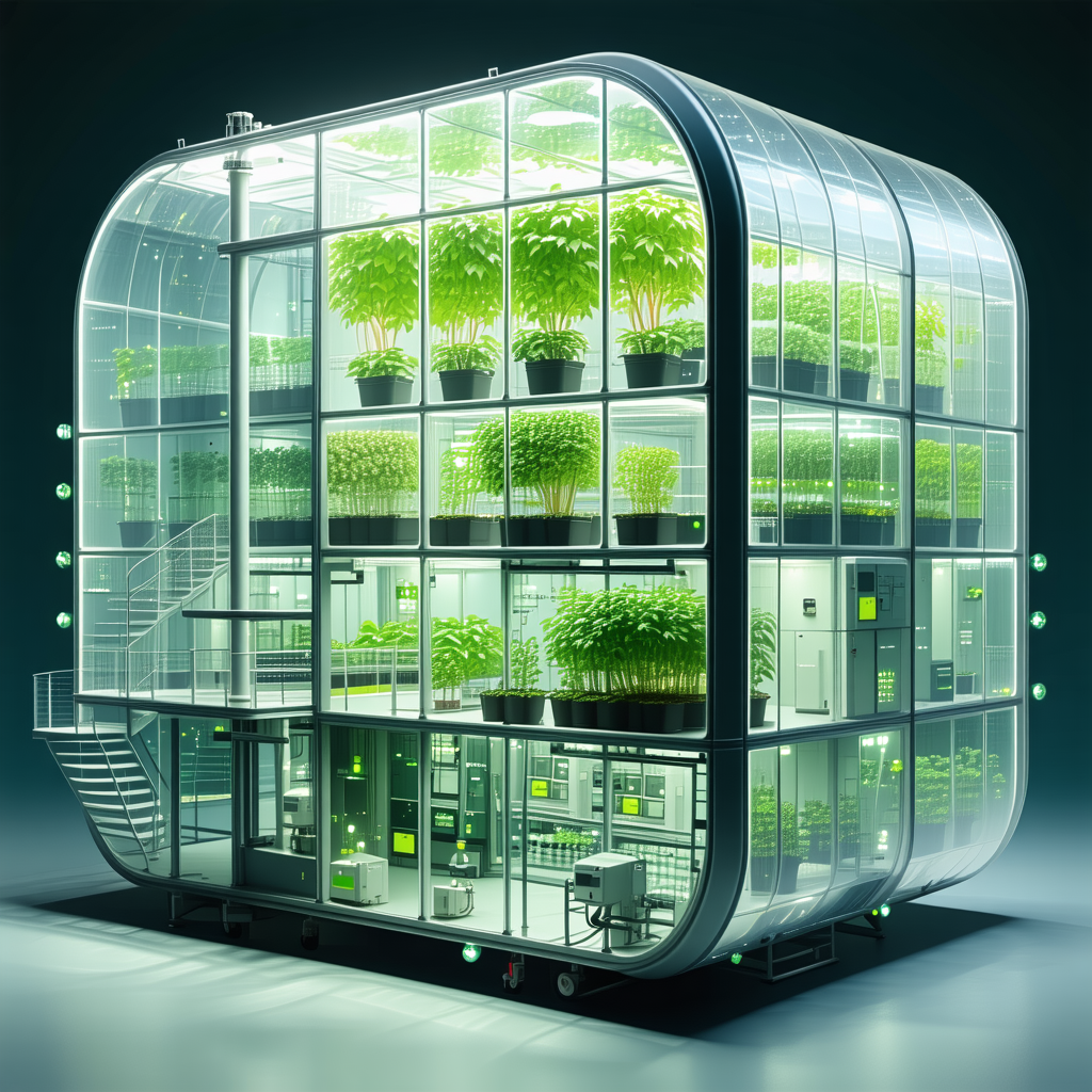 A Large, Futuristic Greenhouse Filled With A Variety Of Plants