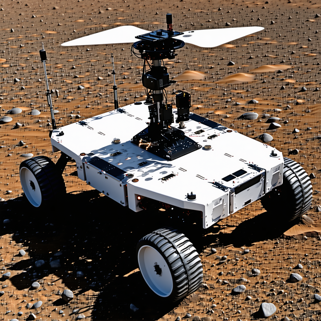 A White Robotic Vehicle With A Large White Dome On Top, Driving Across A Rocky Terrain
