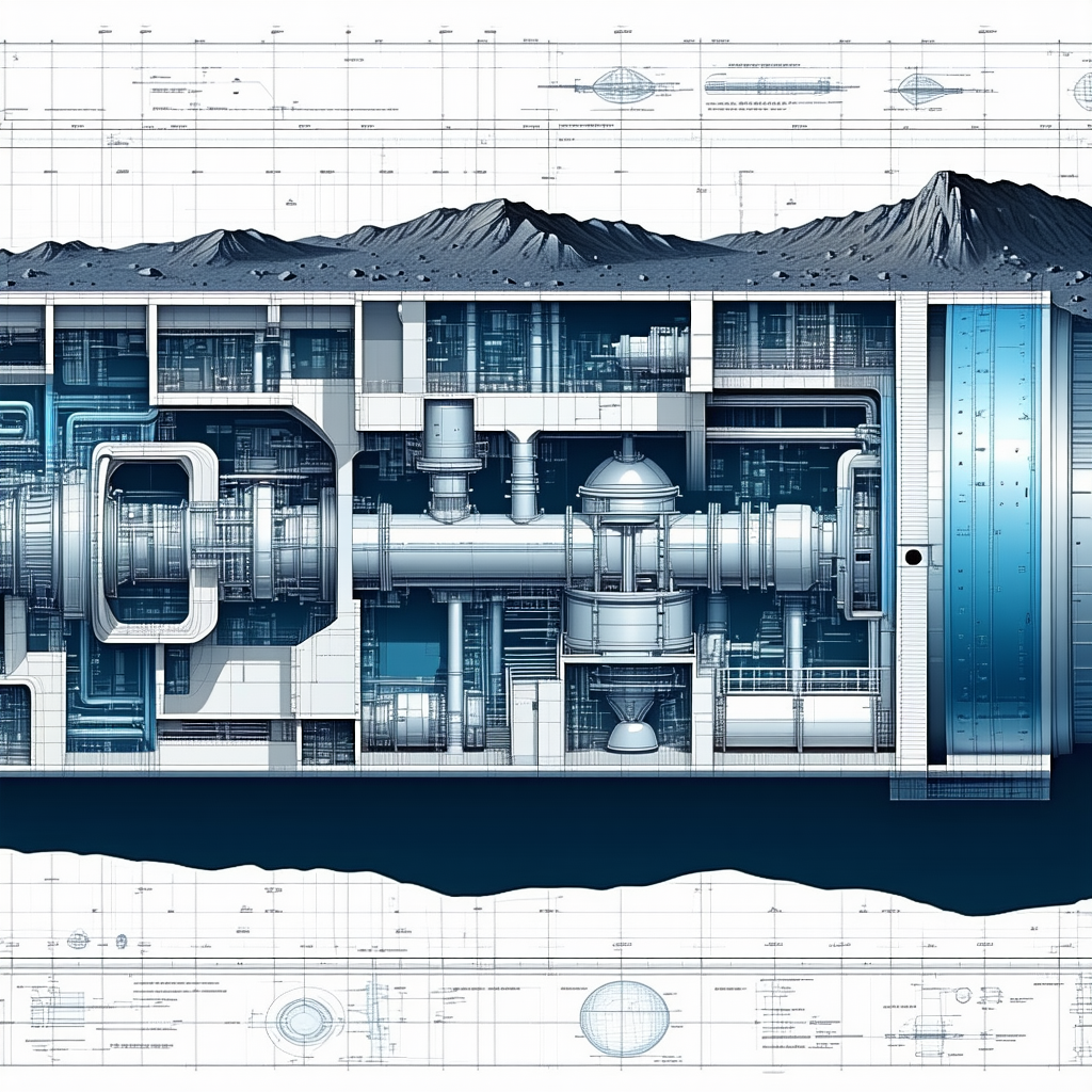 A Blue And White Drawing Of A Large Machine Is Shown