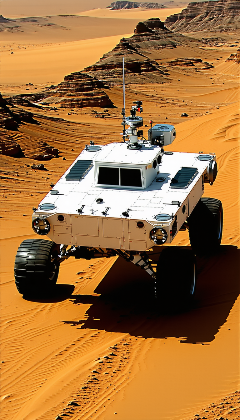 A White Vehicle, Possibly A Truck Or A Car, Driving Across A Sandy Terrain