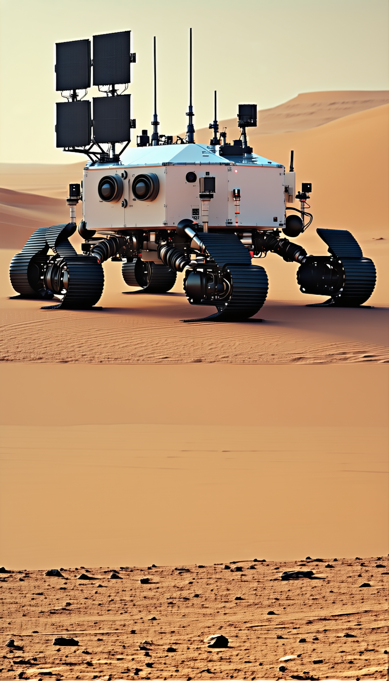 A Large, White Robotic Vehicle With Four Wheels, Driving Across A Sandy Terrain