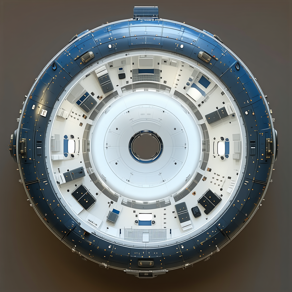 A Large, Round, White And Blue Spacecraft With A Central Black Hole