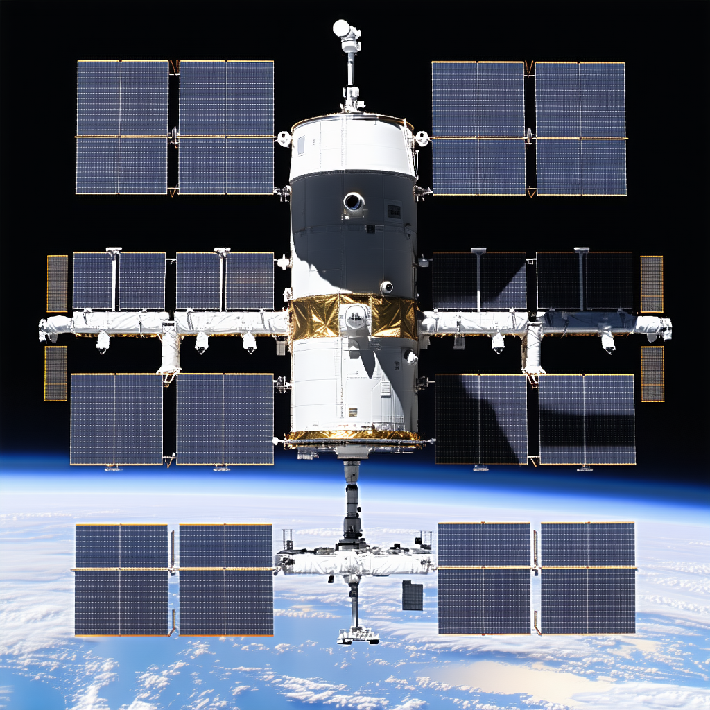 A Large Spacecraft With A White And Gold Color Scheme, Floating In The Sky