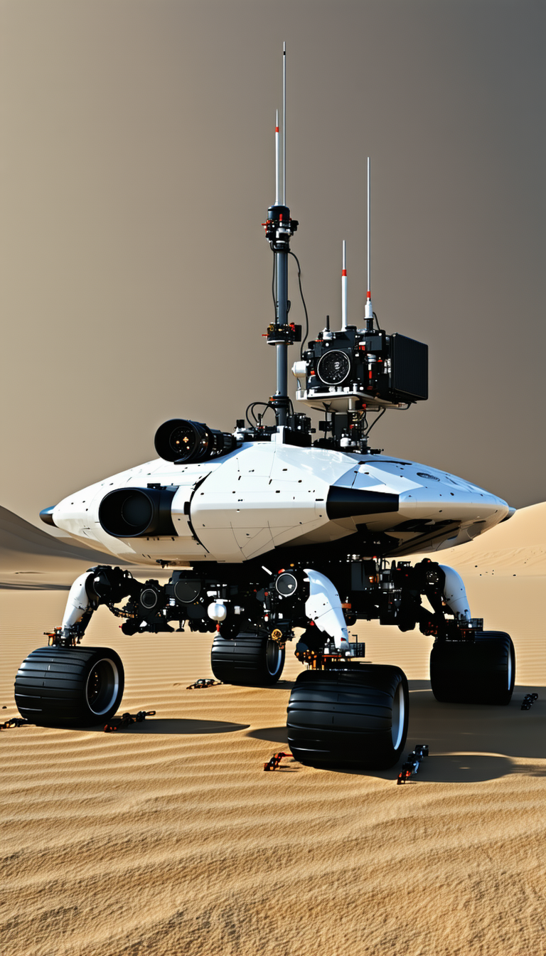A Large White Robotic Vehicle With A Dome-shaped Top, Standing On A Sandy Surface