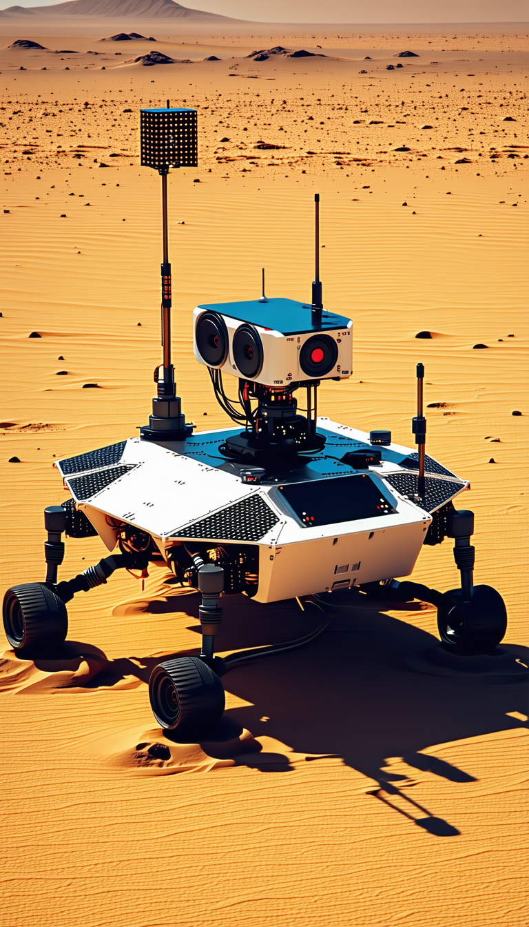 A White Robot With A Blue Top, Sitting In A Desert-like Environment