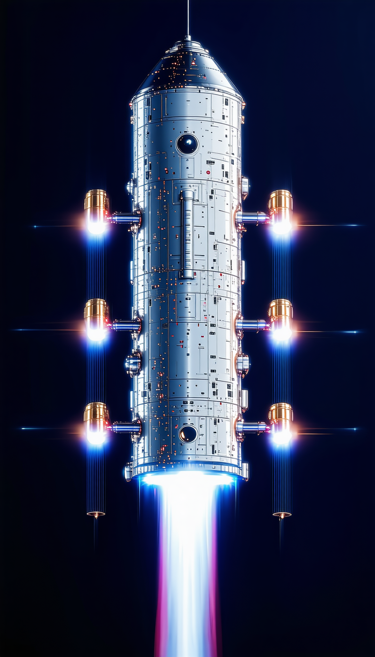 A Large, Futuristic Spacecraft Is Shown In A Dark