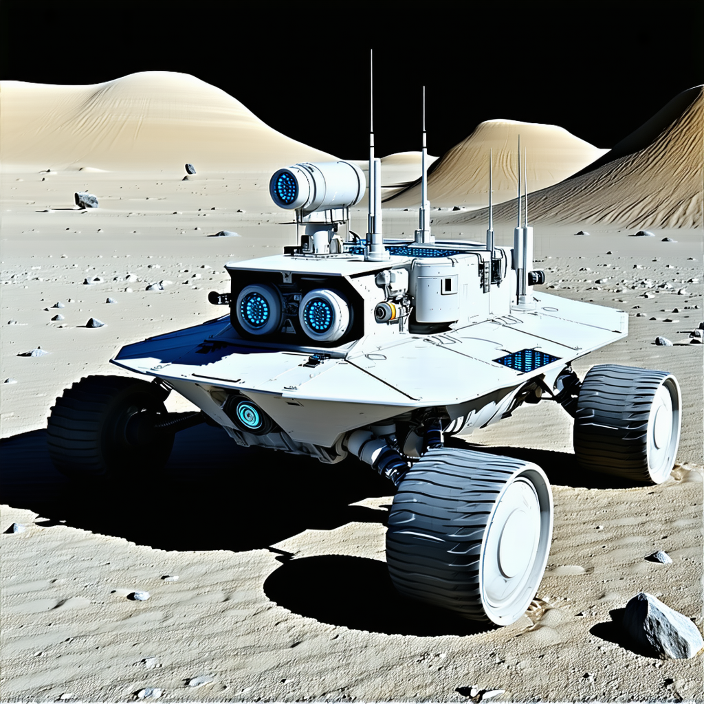 A White Robotic Vehicle Is Parked On A Rocky Surface, Possibly On The Moon