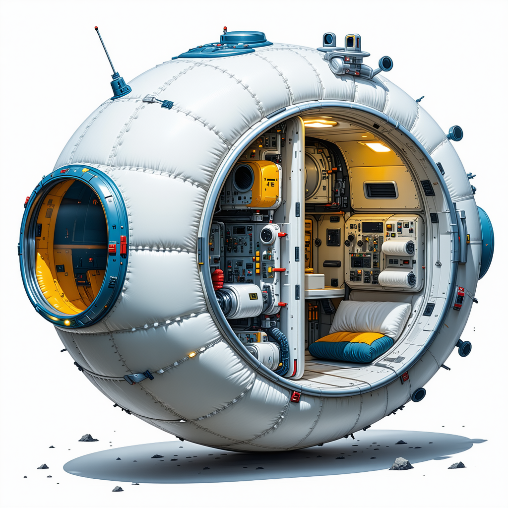 A Large White Sphere Is Shown, With A Blue And Yellow Chair Inside