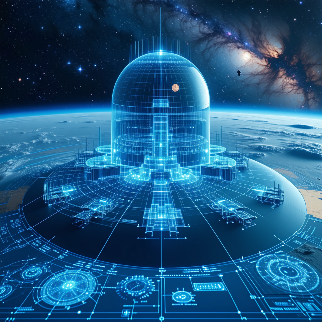 In The Image, There Is A Futuristic Space Station With A Large Dome-shaped Structure At Its Center