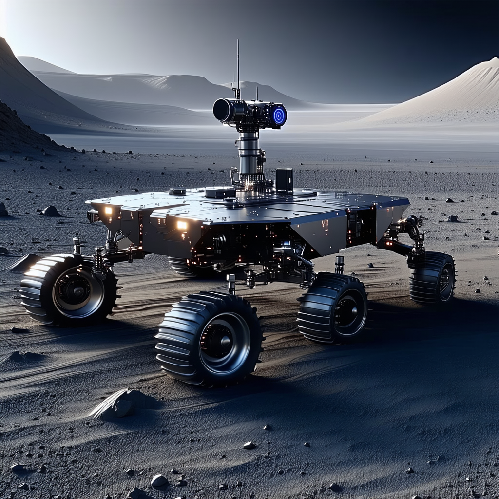 A Large Robotic Vehicle, Possibly A Rover, Parked On A Rocky Surface