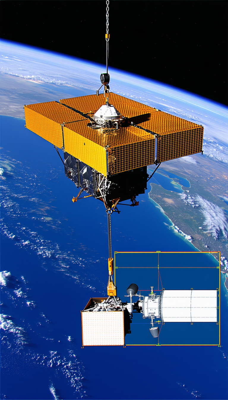 A Large Satellite Being Lifted Into The Air By A Crane