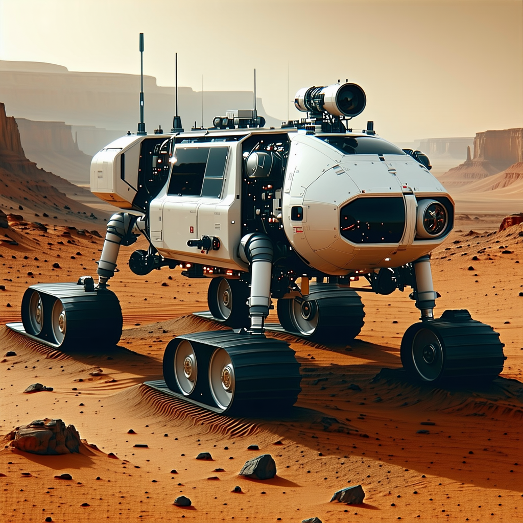 A Futuristic Vehicle, Possibly A Tank Or A Rocket, Parked On A Dirt Surface