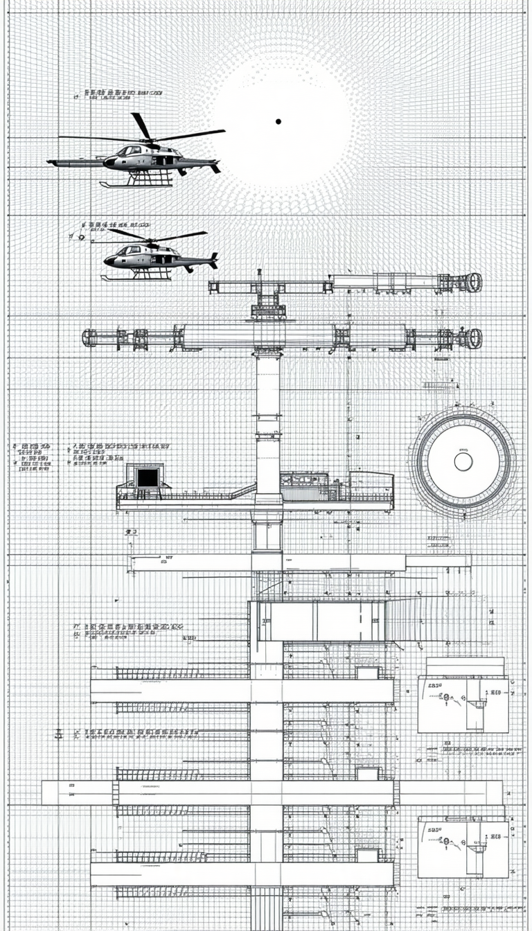 A Large Drawing Of A Helicopter Is Shown In The Center Of The Image