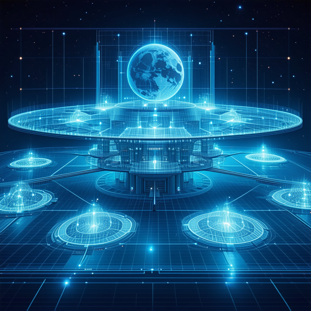 A Futuristic Space Station With A Large, Blue, Circular Structure At Its Center