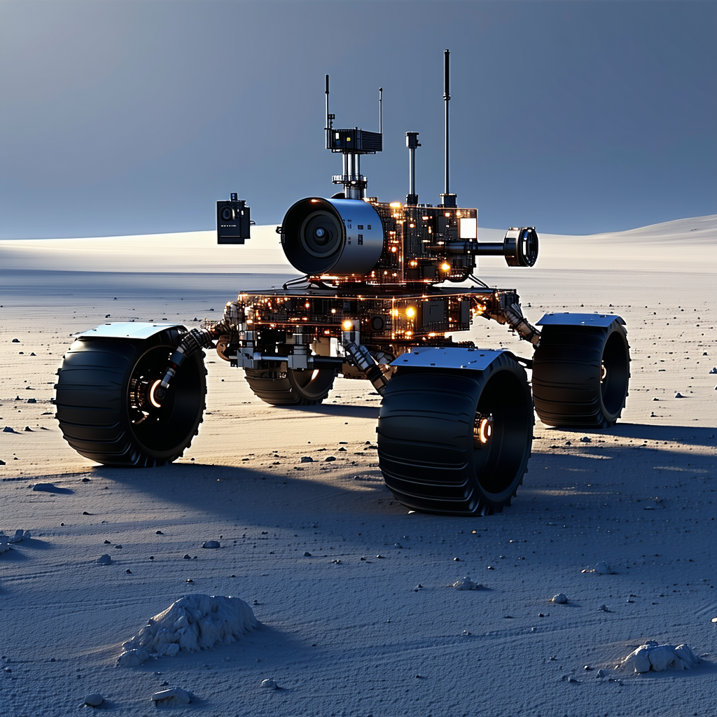 A Large Robotic Vehicle Is Sitting On A Rocky Surface, Possibly A Desert