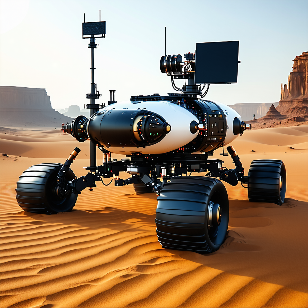 A Large Robotic Vehicle Is Sitting In A Desert Landscape