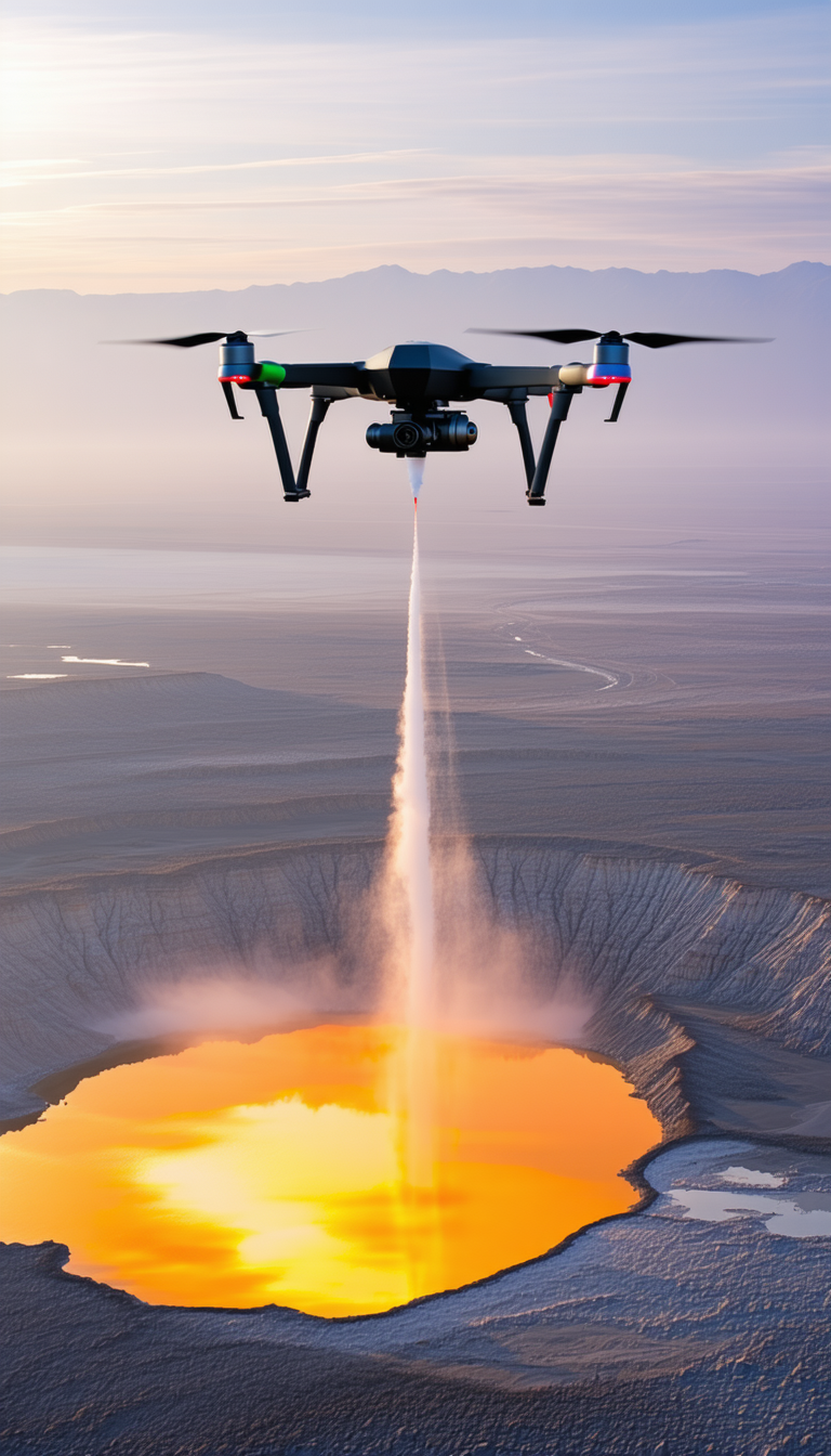 A Large, Brightly Lit Drilling Machine, Likely A Helicopter, Hovering Over A Large Pit Or Crater