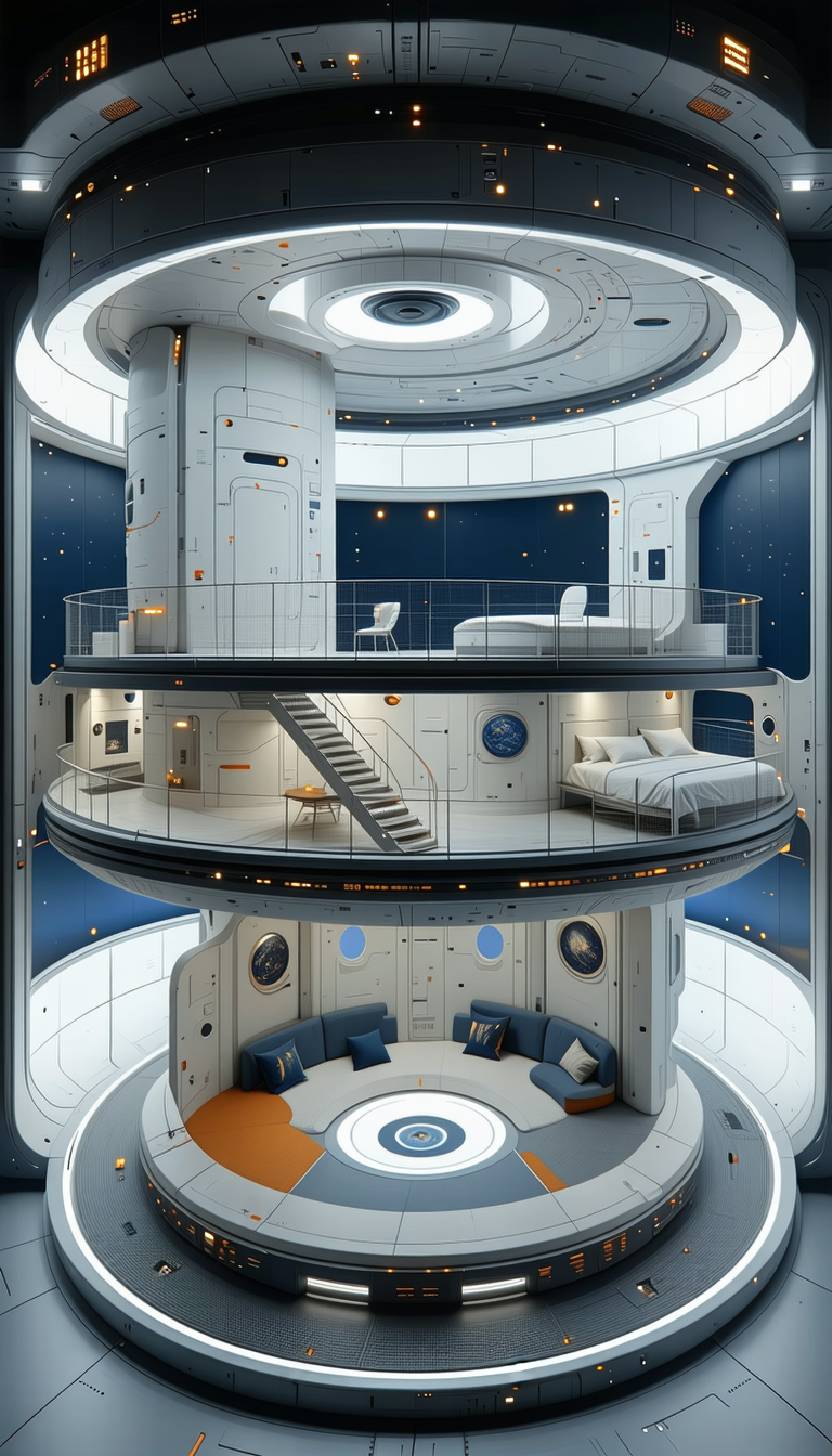 The Image Is A Futuristic, Three-dimensional Space Station With A Variety Of Rooms And Features