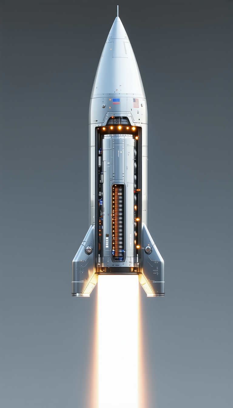A Rocket Ship Is Shown In A Close-up View, With Its Engine And Boosters Clearly Visible
