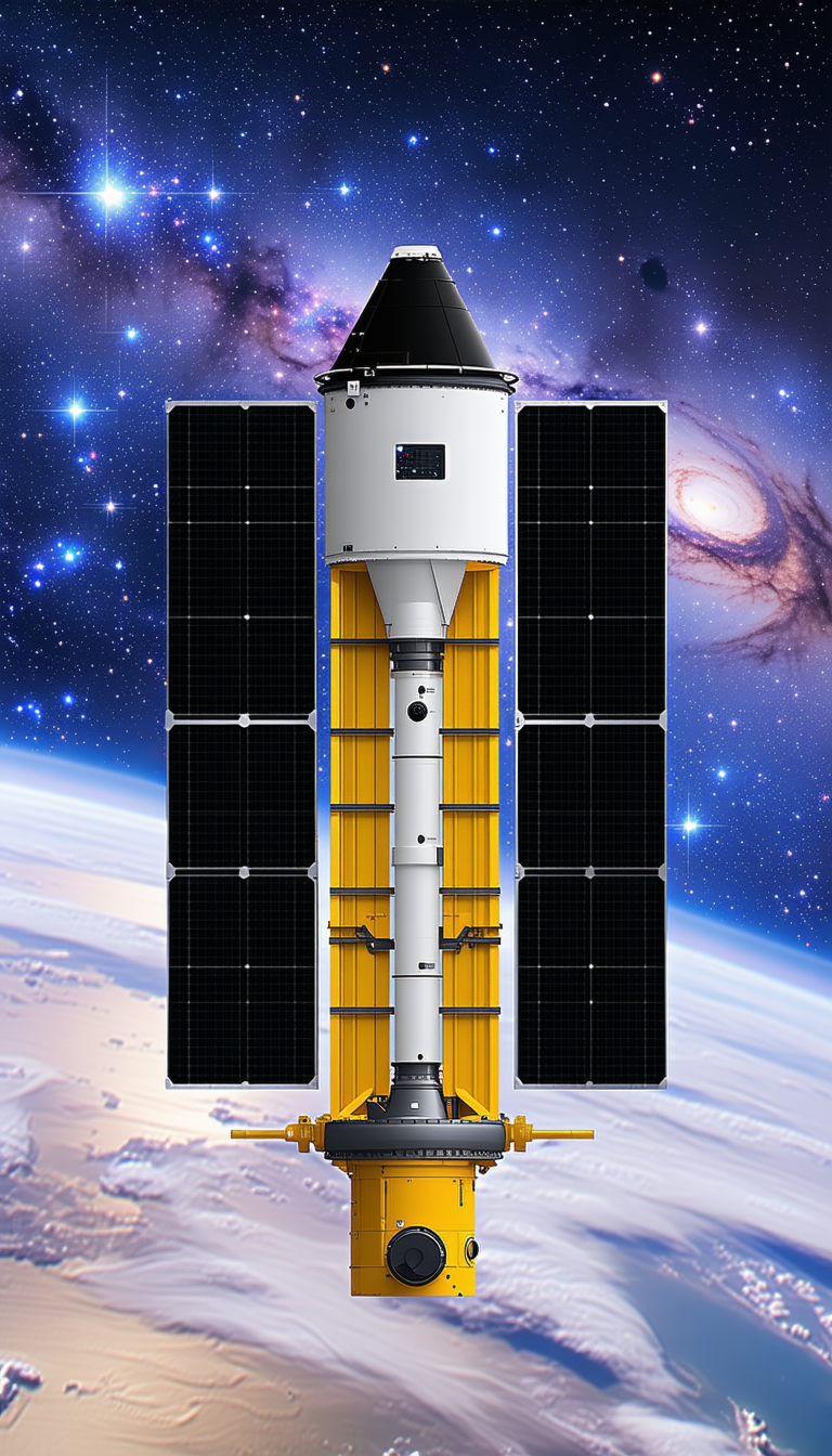 A Large, Yellow Spacecraft With A Black Dome On Top, Floating In The Sky