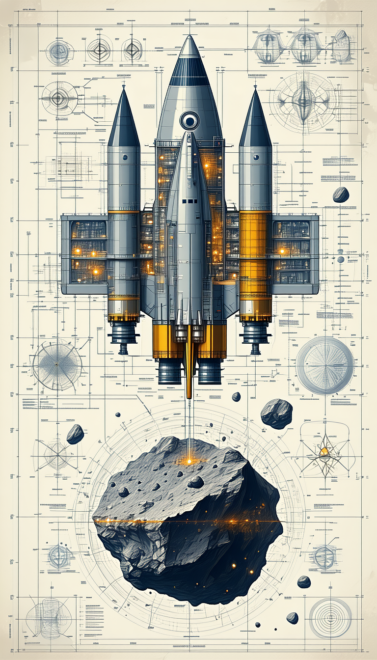 A Large Spacecraft Is Shown In A Detailed Drawing, With A Large Rock In The Foreground