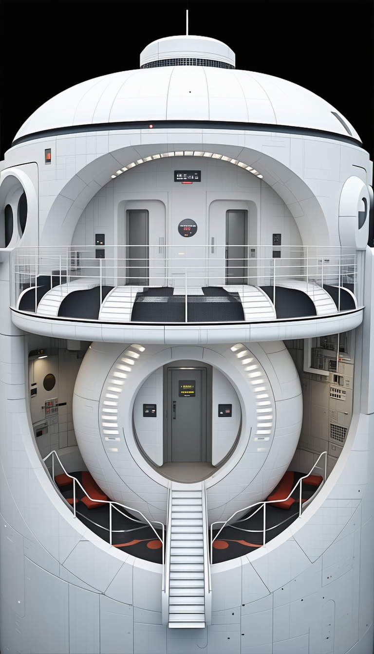 In The Image, There Is A Large White Spacecraft With A Circular Design, Resembling A Space Station