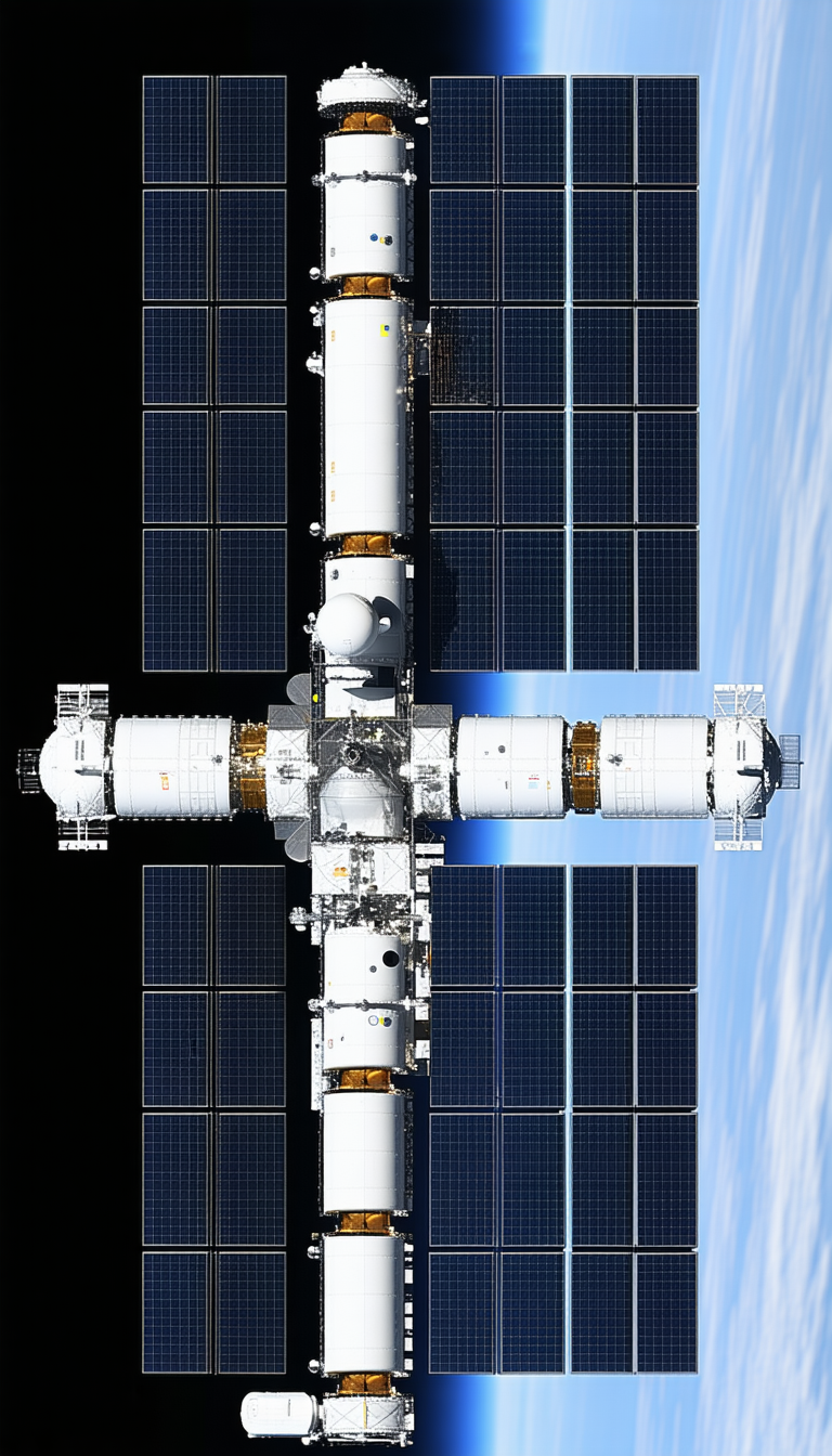 A Large Spacecraft With A Cross-shaped Structure, Likely A Space Station