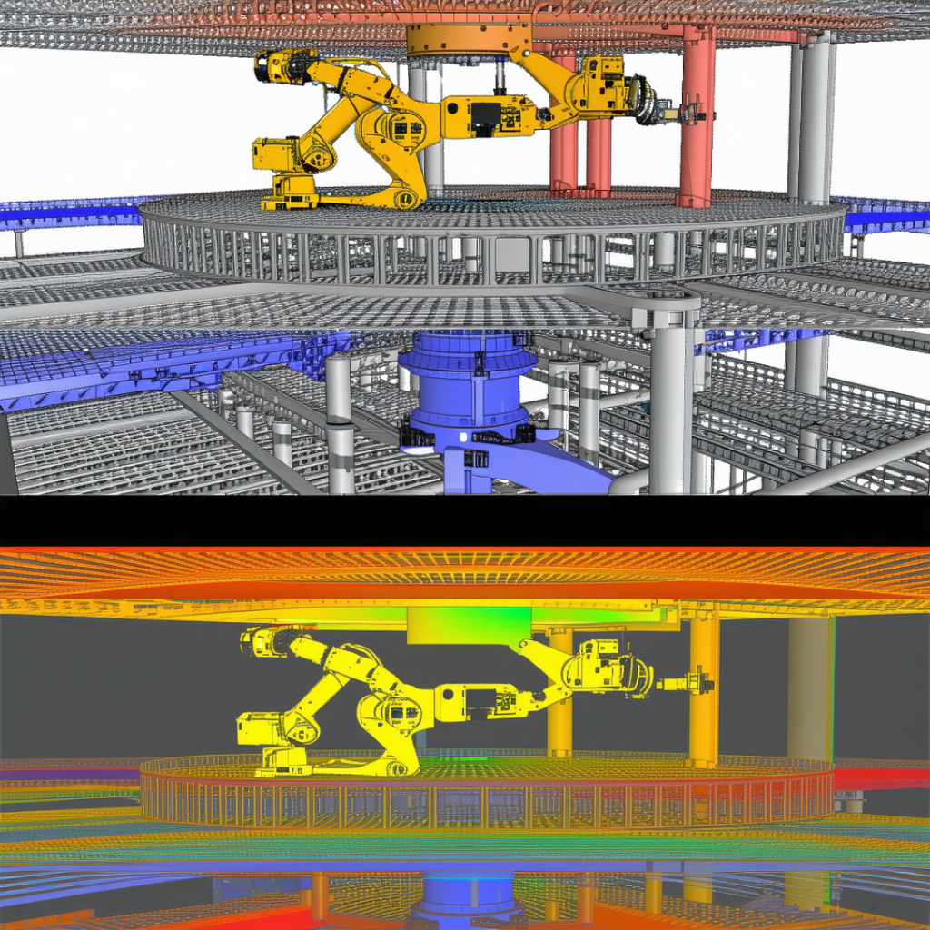 A Large, Three-dimensional Model Of A Factory With A Variety Of Robots And Machines