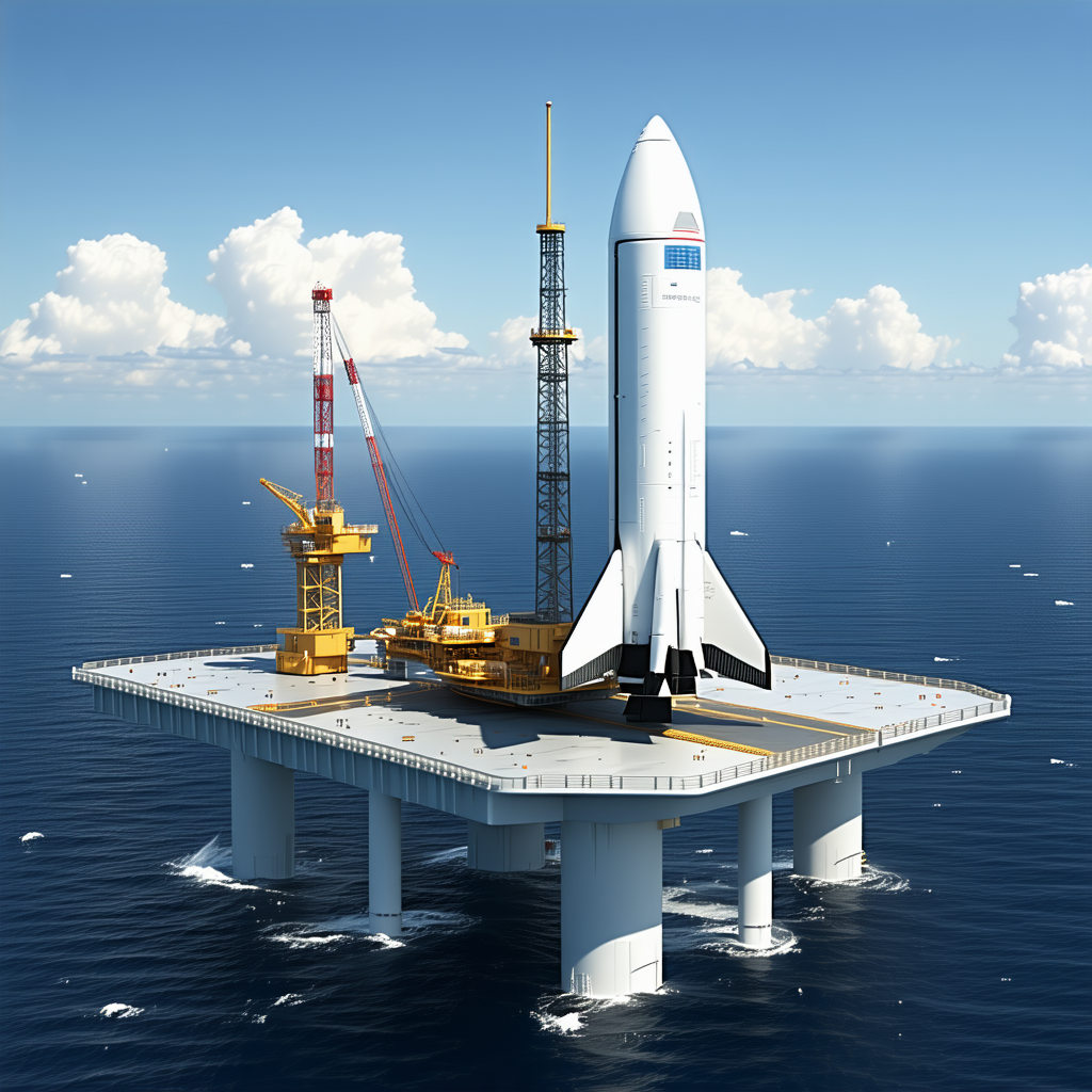 A Large White Space Shuttle Docked On A Floating Platform In The Ocean