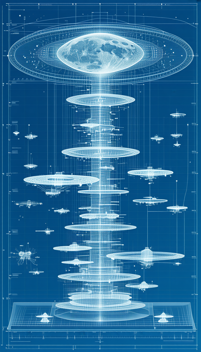 A Blue And White Drawing Of A Space Ship Is Displayed