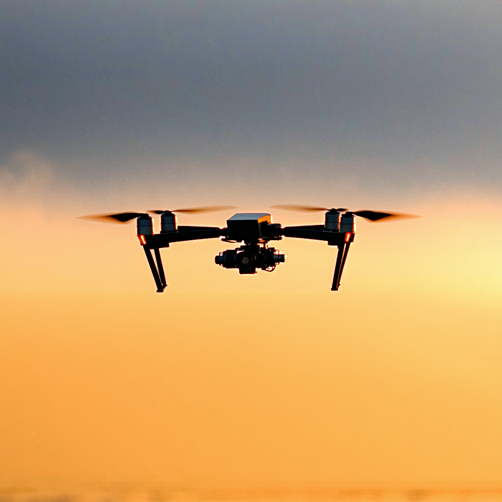 A Drone Is Flying In The Sky, Capturing The Sunset