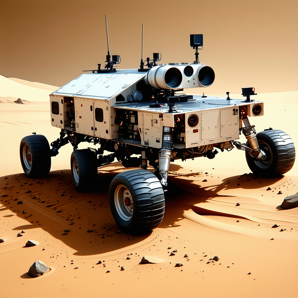 A Large White Vehicle Is Parked On A Sandy Surface, Possibly A Desert